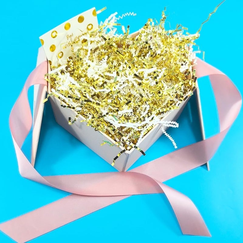 Amsthow Crinkle Cut Paper Gift Wrap Box Filler 1/2 LB Gold and White Shred Basket Raffia Grass Stuffing for Easter Decoration Birthday Wedding (Gold and White) - Image 3